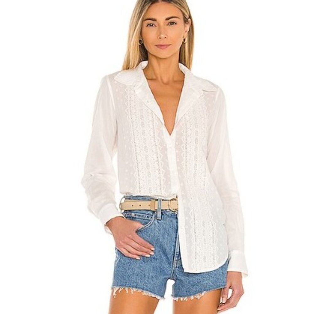NAUTICA shirt blouse top women button up white pleated&lace 100% cotton size XS